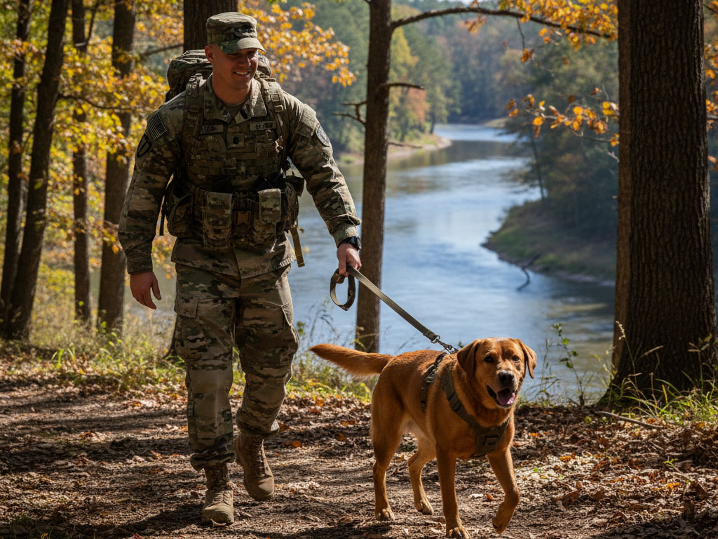 All Seasons American Service Dog at work on a walk with a veteran in the fall